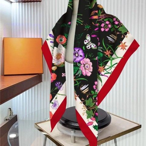 Silk Flower Pattern Square Scarf for Women 90CM