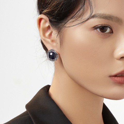 925 Sterling Silver Blue Sandstone Stud Earrings for Women