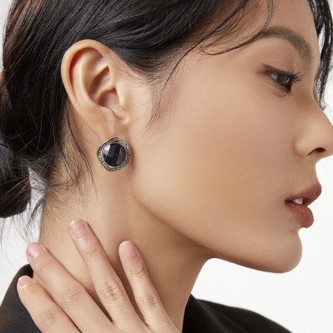 925 Sterling Silver Blue Sandstone Stud Earrings for Women