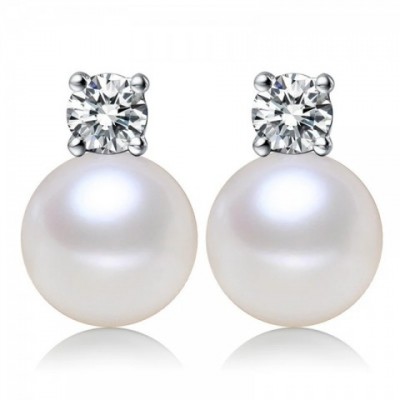 AINUOSHI Women's Simple Sterling Silver Perforated Earrings with 9mm White Freshwater Pearl Studs