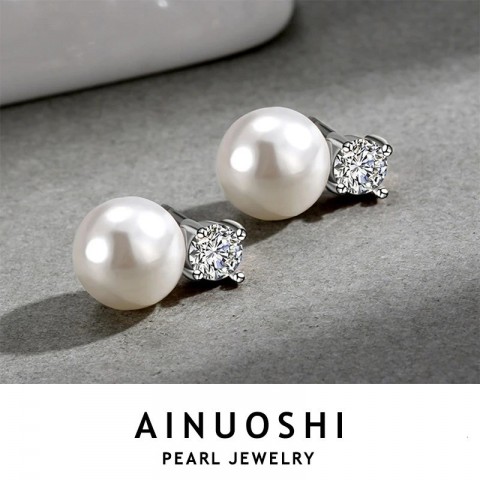 AINUOSHI Women's Simple Sterling Silver Perforated Earrings with 9mm White Freshwater Pearl Studs