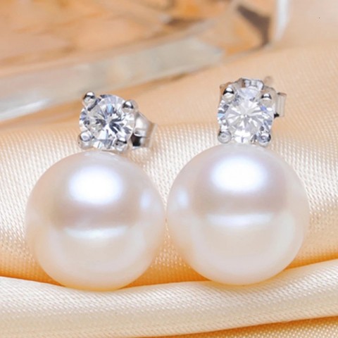 AINUOSHI Women's Simple Sterling Silver Perforated Earrings with 9mm White Freshwater Pearl Studs