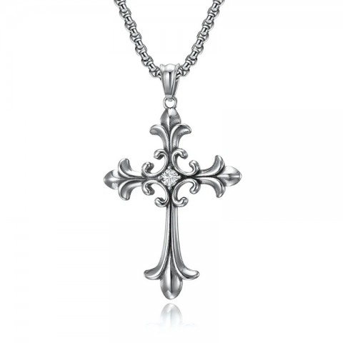 Cross Pendant Necklace XL0081 for Unisex - Trendy Green Zircon with Stainless Steel Chain