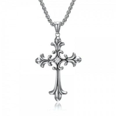 Cross Pendant Necklace XL0081 for Unisex - Trendy Green Zircon with Stainless Steel Chain