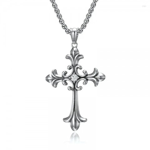Cross Pendant Necklace XL0081 for Unisex - Trendy Green Zircon with Stainless Steel Chain