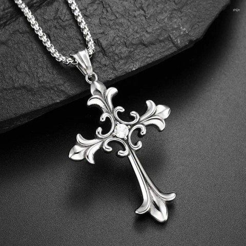 Cross Pendant Necklace XL0081 for Unisex - Trendy Green Zircon with Stainless Steel Chain