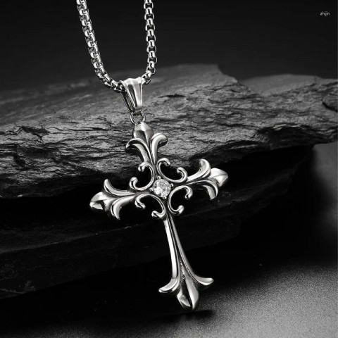 Cross Pendant Necklace XL0081 for Unisex - Trendy Green Zircon with Stainless Steel Chain