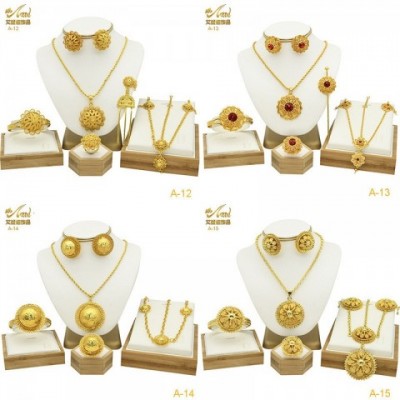 Enid Women's 24K Gold Wedding Jewelry Set - Necklace, Earring, Ring, Bracelet, Hairpin, Head Chain - Six Piece Set