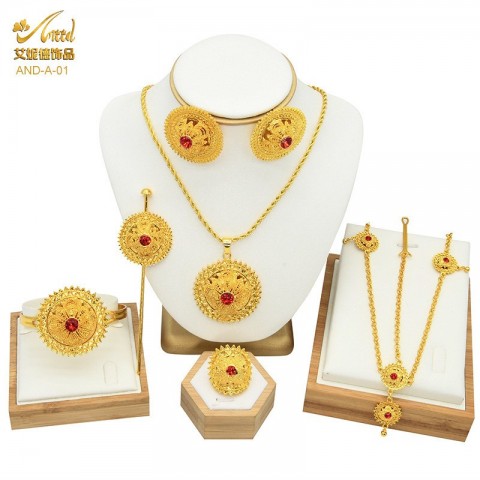 Enid Women's 24K Gold Wedding Jewelry Set - Necklace, Earring, Ring, Bracelet, Hairpin, Head Chain - Six Piece Set