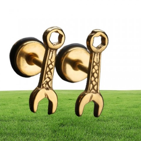 Black Tool Stud Earrings for Men - Unique Wrench Design in 18K Gold Plated