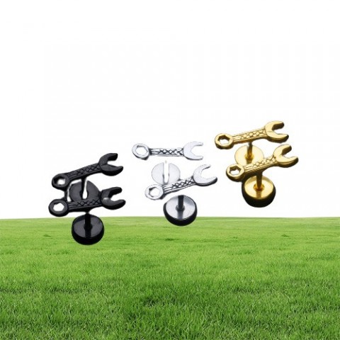 Black Tool Stud Earrings for Men - Unique Wrench Design in 18K Gold Plated