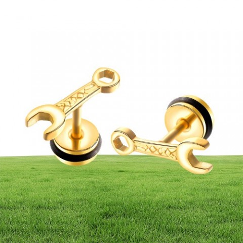 Black Tool Stud Earrings for Men - Unique Wrench Design in 18K Gold Plated