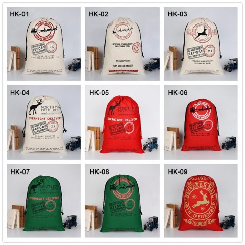 Large Drawstring Santa Claus Canvas Bag for Christmas Gift with Blue Cartoon Design