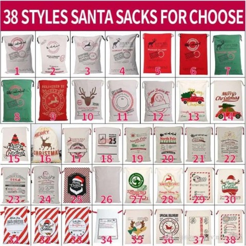 Large Drawstring Santa Claus Canvas Bag for Christmas Gift with Blue Cartoon Design