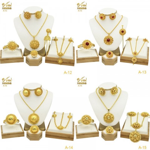 Enid Women's 24K Gold Wedding Jewelry Set - Necklace, Earring, Ring, Bracelet, Hairpin, Head Chain - Six Piece Set