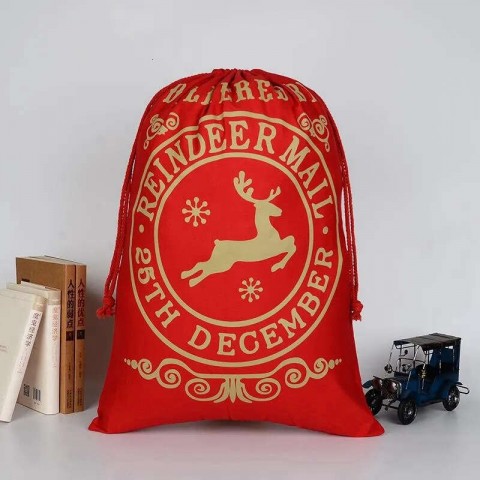 Large Drawstring Santa Claus Canvas Bag for Christmas Gift with Blue Cartoon Design