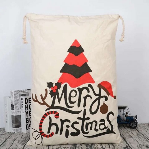 Large Drawstring Santa Claus Canvas Bag for Christmas Gift with Blue Cartoon Design