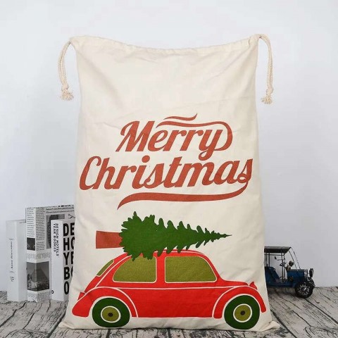 Large Drawstring Santa Claus Canvas Bag for Christmas Gift with Blue Cartoon Design