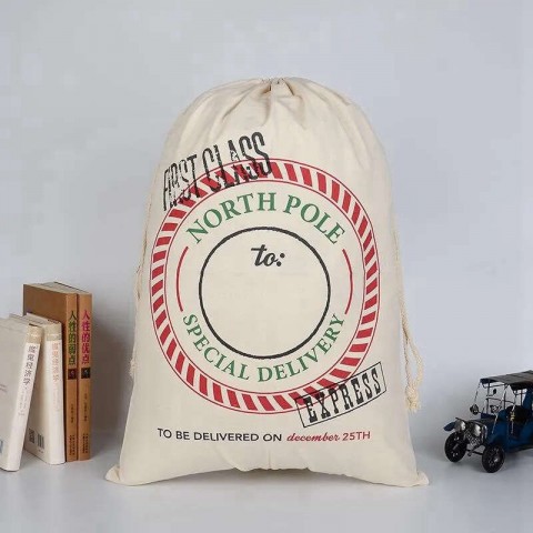 Large Drawstring Santa Claus Canvas Bag for Christmas Gift with Blue Cartoon Design