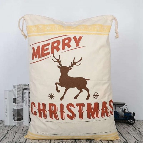 Large Drawstring Santa Claus Canvas Bag for Christmas Gift with Blue Cartoon Design