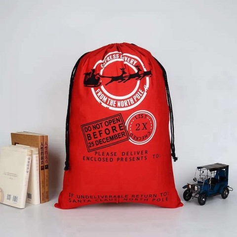 Large Drawstring Santa Claus Canvas Bag for Christmas Gift with Blue Cartoon Design