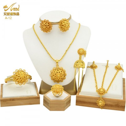 Enid Women's 24K Gold Wedding Jewelry Set - Necklace, Earring, Ring, Bracelet, Hairpin, Head Chain - Six Piece Set