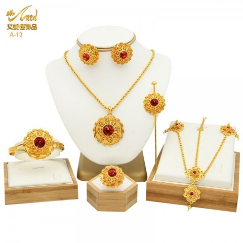 Enid Women's 24K Gold Wedding Jewelry Set - Necklace, Earring, Ring, Bracelet, Hairpin, Head Chain - Six Piece Set
