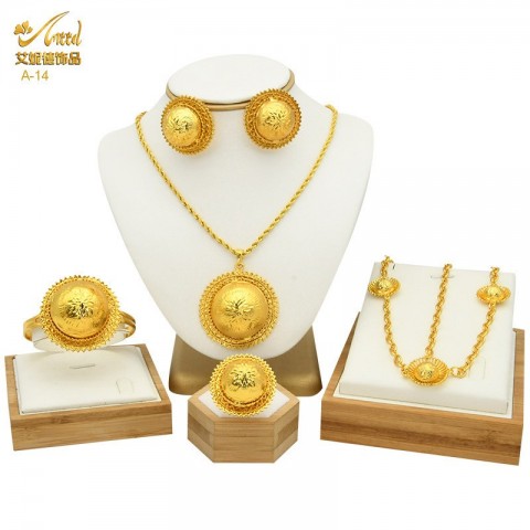 Enid Women's 24K Gold Wedding Jewelry Set - Necklace, Earring, Ring, Bracelet, Hairpin, Head Chain - Six Piece Set