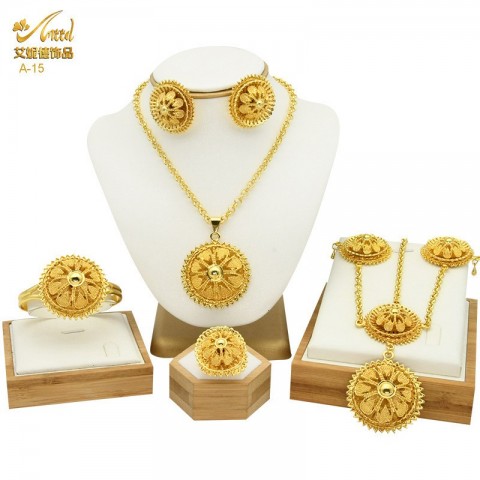 Enid Women's 24K Gold Wedding Jewelry Set - Necklace, Earring, Ring, Bracelet, Hairpin, Head Chain - Six Piece Set