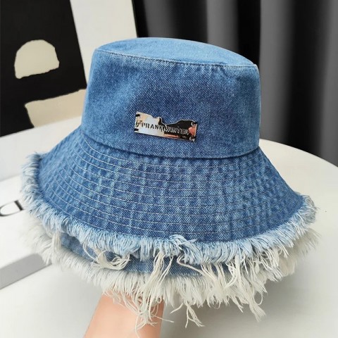 Womens Wide Brim Silk Bucket Hat - Fashionable Denim Tassel Panama Hat 250311
