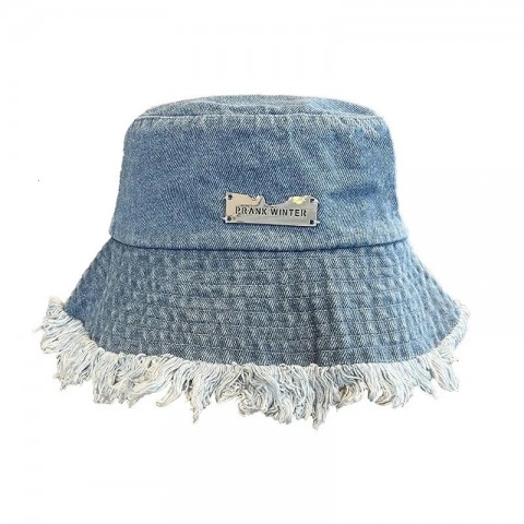 Womens Wide Brim Silk Bucket Hat - Fashionable Denim Tassel Panama Hat 250311