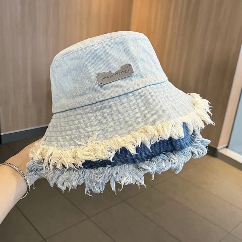 Womens Wide Brim Silk Bucket Hat - Fashionable Denim Tassel Panama Hat 250311