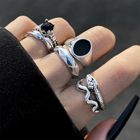 Vintage Gothic Punk Metal Finger Ring Set for Men Women, Silver Color Butterfly Snake Skull Wedding Bands 250322