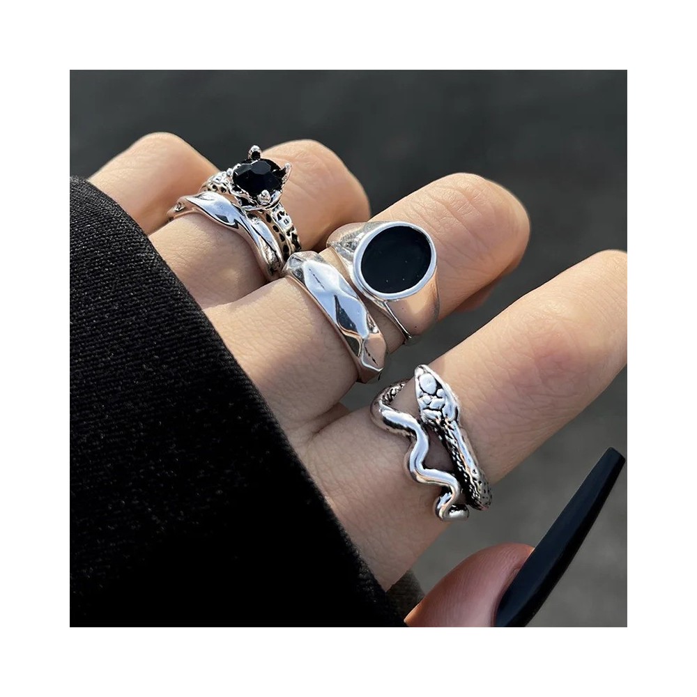 Vintage Gothic Punk Metal Finger Ring Set for Men Women, Silver Color Butterfly Snake Skull Wedding Bands 250322