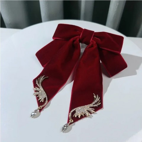 Womens Lavender Velvet Bow Brooch - Retro Wing Crystal Necklace for Wedding