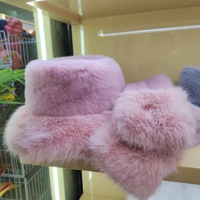 Winter Women's Thick Warm Pink Fur Bucket Hat with Earflaps