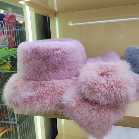 Winter Women's Thick Warm Pink Fur Bucket Hat with Earflaps