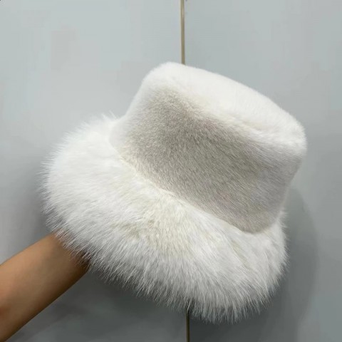 Winter Women's Thick Warm Pink Fur Bucket Hat with Earflaps