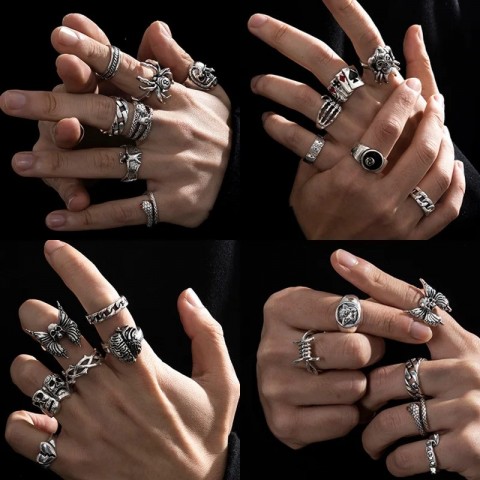 Vintage Gothic Punk Metal Finger Ring Set for Men Women, Silver Color Butterfly Snake Skull Wedding Bands 250322