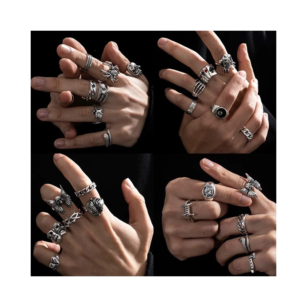 Vintage Gothic Punk Metal Finger Ring Set for Men Women, Silver Color Butterfly Snake Skull Wedding Bands 250322