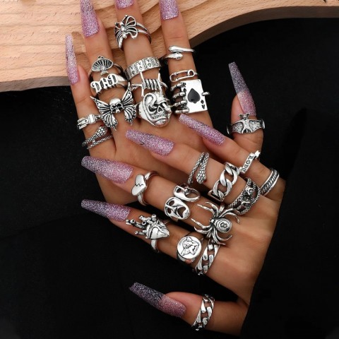 Vintage Gothic Punk Metal Finger Ring Set for Men Women, Silver Color Butterfly Snake Skull Wedding Bands 250322