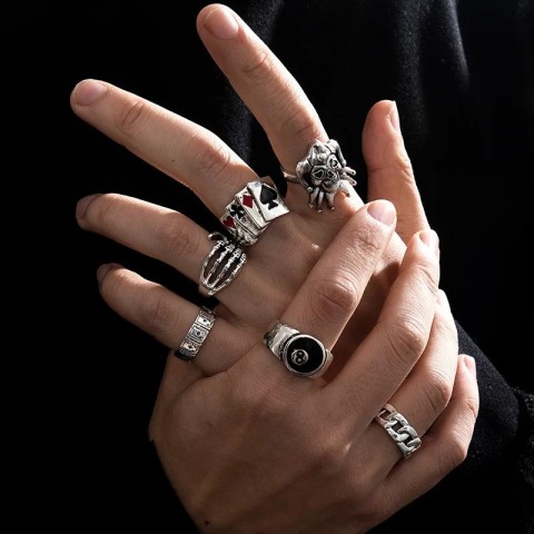 Vintage Gothic Punk Metal Finger Ring Set for Men Women, Silver Color Butterfly Snake Skull Wedding Bands 250322