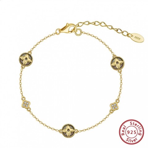 Rinntin Women's 14K Gold-Plated Black Shell Chain Bracelet with Clear CZ and Silver Flower Clover GMB71