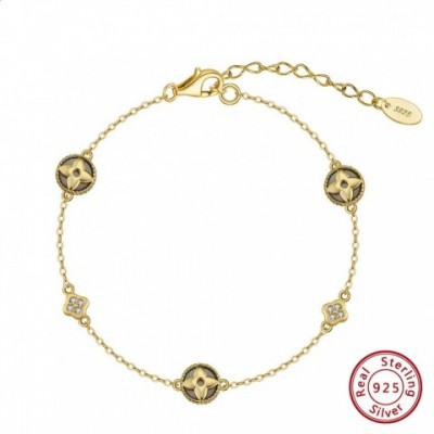 Rinntin Women's 14K Gold-Plated Black Shell Chain Bracelet with Clear CZ and Silver Flower Clover GMB71