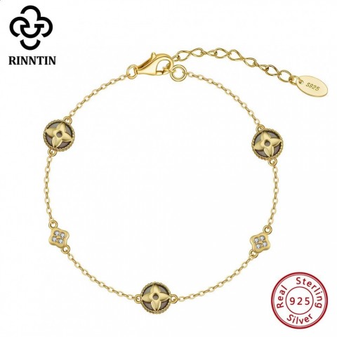 Rinntin Women's 14K Gold-Plated Black Shell Chain Bracelet with Clear CZ and Silver Flower Clover GMB71