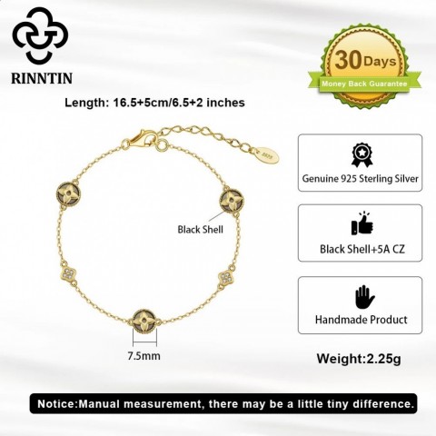 Rinntin Women's 14K Gold-Plated Black Shell Chain Bracelet with Clear CZ and Silver Flower Clover GMB71