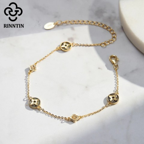 Rinntin Women's 14K Gold-Plated Black Shell Chain Bracelet with Clear CZ and Silver Flower Clover GMB71
