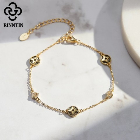 Rinntin Women's 14K Gold-Plated Black Shell Chain Bracelet with Clear CZ and Silver Flower Clover GMB71