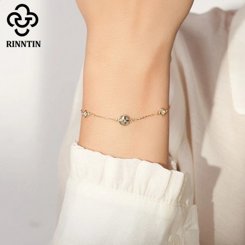 Rinntin Women's 14K Gold-Plated Black Shell Chain Bracelet with Clear CZ and Silver Flower Clover GMB71