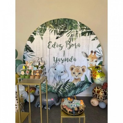 Jungle Adventure Baby Shower Elastic Backdrop - Elephant Safari Photography Background